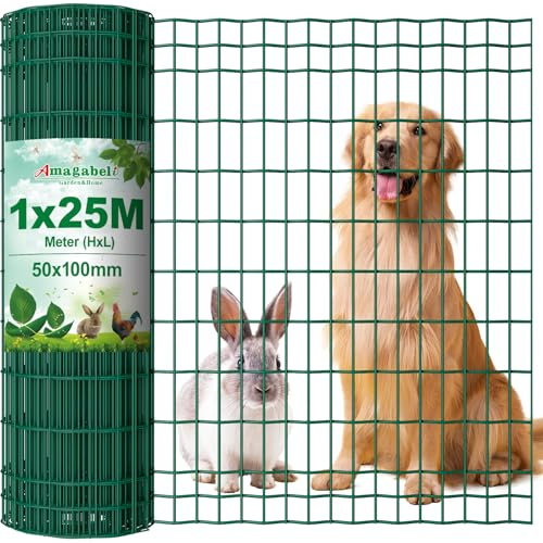 Amagabeli 1M X 25M Gartenzaun Zaun PVC-beschichteter 100 x 50mm 2.1 mm Drahtzaun Maschendraht Wildzaun/Hundezaun Rostfrei Zaunelemente Grünen Maschenweite Drahtgitter Kaninchendraht Forstzaun
