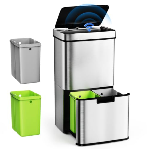 Gardtech Mülleimer Küche mit Sensor 62 Liter, Automatisch Edelstahl Abfalleimer mit 3 fächer Mülltrennsystem & Softclose Deckel, Geruchsdicht & Hygienisch, Volumen von 2 x 12.5L und 37L für Familie