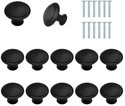 Parastar 12 Stück Schrankknöpfe,30 mm Runde Möbelknöpfe,Schrankknopf mit Schrauben,Schwarz Knöpfe für Schränke,Schicke Schubladen Knöpfe für Küche Schrank Schublade Kommode Türen Möbel