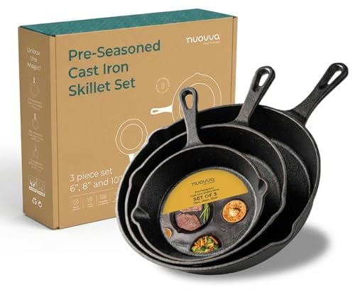 Pre-Seasoned Cast Iron Bratpfanne Bratpfannen Ofen sicheres Kochgeschirr für den Innen- und Außenbereich - Grill, StoveTop, Schwarz (3-teiliges Kochset 6-Zoll 15 cm, 8-Zoll 20 cm, 10-Zoll 25 cm)