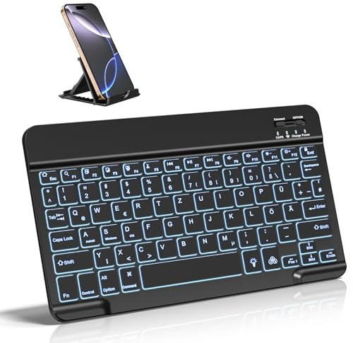 Vobafe Bluetooth Tastatur 7-Farbiges Beleuchtete Tastatur iPad, QWERTZ DE | mit Telefonhalter, Ultradünn Kabellose Tastatur für iPad/Tablet/Laptop/Smartphone (iOS/Android/Windows Systeme), Schwarz