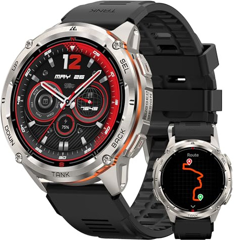KOSPET Tank 3 Ultra 2 Smartwatch Herren mit GPS，60+ Tage Akku, 1.43 AMOLED, 5ATM wasserdicht,Bluetooth-Anrufe, KI-Sprachassistent，24/7 Herzfrequenz, SpO2(Silber)