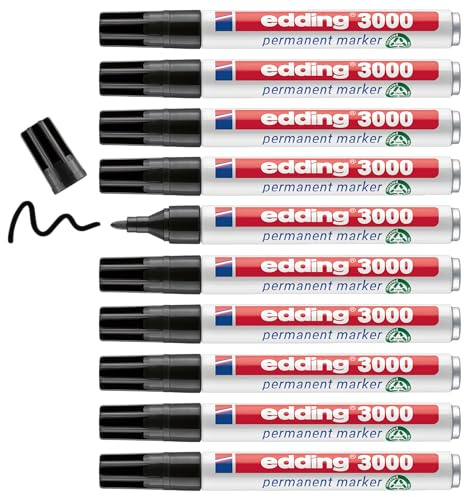 edding 3000 Permanentmarker - schwarz - 10 Stifte - Rund-Spitze 1,5-3 mm - schnell trocknender Permanent Marker - wasserfest, wischfest - für Karton, Kunststoff, Holz, Metall - Universalmarker