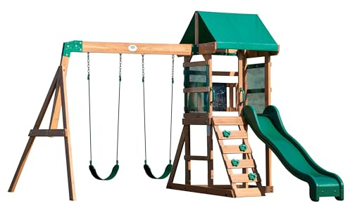 Backyard Discovery Spielturm Buckley Hill aus Holz | XXL Spielhaus für Kinder mit Rutsche, Schaukel und Kletterleiter | Stelzenhaus für den Garten