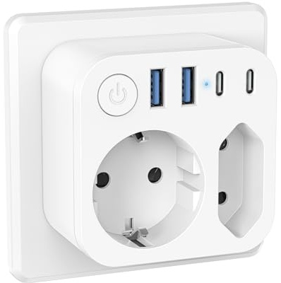 SUDEERY Steckdosenleiste USB (2 Typ-C) mit Schalter, Weiß | 2 Fach Mehrfachstecker, Doppelstecker für Steckdose, Wand Ladegerät