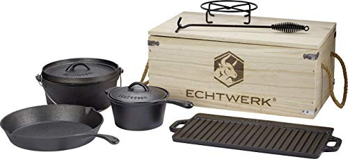 ECHTWERK 7-teiliges Dutch Oven Set aus Gusseisen in Holzkiste, Kochtopf-Set mit Kochtopf, Stieltopf, Grillplatte, Pfanne, Deckelheber und Untersetzer zum Kochen und Braten, bereits eingebrannt