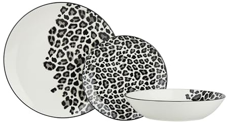 Delys 546151 Tafelservice aus Porzellan, 18-teilig, für 6 Personen, flache Teller, Suppenteller, Dessertteller, Farbe: Schwarz, Motiv Leopard