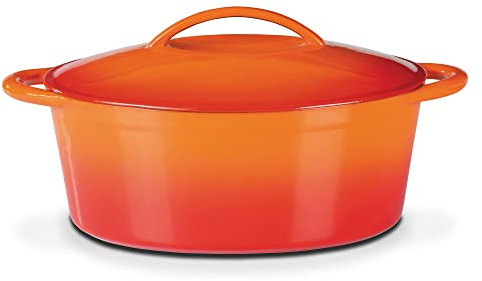 GSW Gusseisen-Bräter – hochwertiger Schmortopf mit Deckel, ideal zum Schmoren, Dünsten und Braten, auch für Induktion und Backofen – Orange / Rot, Gusseisen, 7 Liter