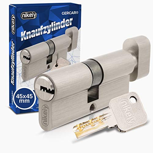 GERCAR Pro Knaufzylinder 45/45 Massiver Schließzylinder mit Knauf Zylinderschloss Türschloss - aus Messing Matt Vernickelt - inkl. 5 Schlüssel - Wendeschlüssel - Länge: 90 mm, A:45 B:45-1x