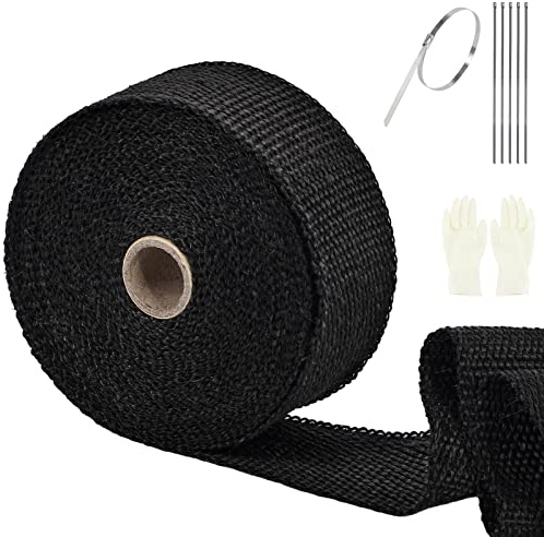 SOMLAW Hitzeschutzband 5M, Basaltfaser Hitzeschutzband Auspuff mit 5 Kabelbinder und Handschuhe, Auspuffband isoliert, für Motorrad Fächerkrümmer Krümmerband Thermoband Schwarz