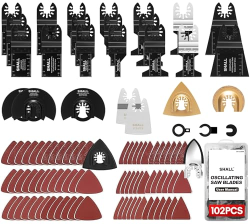 SHALL 102 Multitool-Klingen, oszillierende Multi-Tool-Zubehör-Sets, HCS- und Bimetall-Klingen, Schleifpad, Schleifpapier, Schaber, Aufbewahrungskoffer im Lieferumfang enthalten
