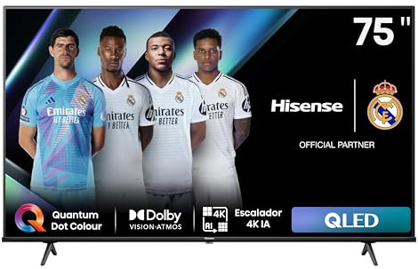 Hisense 75E7NQ 189 cm (75 Zoll) Fernseher, 4K UHD, QLED, HDR10, HDR10+ decoding, HLG, Dolby Vision Atmos, 60Hz Panel, Smooth Motion, Bluetooth, Alexa Built-in, VIDAA Voice, Schwarz [2024]