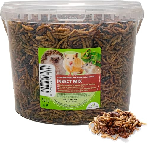 UGF - Insektenmischung - 500g im 3 Liter Eimer, Igelfutter, Rennmausfutter, Hamsterfutter, Rattenfutter, Eidechsenfutter - Mehlwürmer, Soldatenfliegenlarven, Seidenraupen