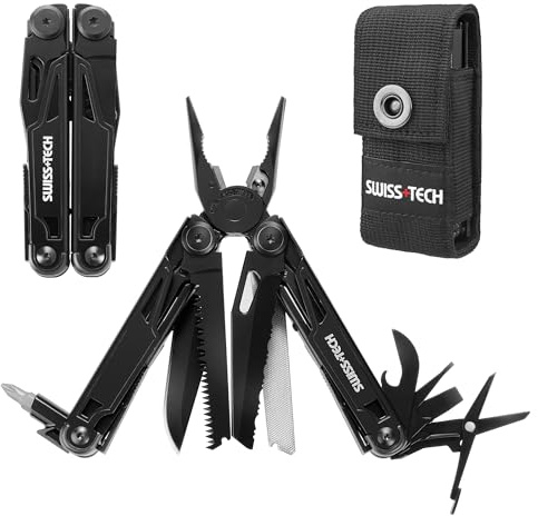 Swiss+Tech Multifunktionszange 16-in-1, Faltbare Mulitool Werkzeug Multifunktionale Zange, mit Schere, Messer, Säge, Flaschenöffner, Schraubendreher für Camping, Outdoor, Reparieren, mit Tragtasche