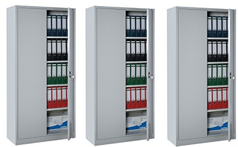 3X Flügeltürenschrank grau 180x80x38,3cm Aktenschrank | Komplett montiert, Metallschrank, Abschließbar, Lagerschrank Aktenschrank, Für Büro, Werkstatt