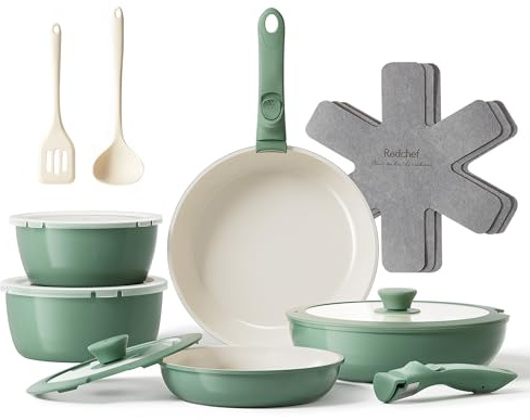 Redchef Pfannenset Topfsets 16-Teilig Antihaft-Keramik-Kochgeschirr-Set mit Abnehmbaren Griff, Pfanne 20/26cm, Tiefe Bratpfanne 26cm, Topf 18/20cm, Stapelbar Topfset Für alle Herdarten, Ofenfest Grün