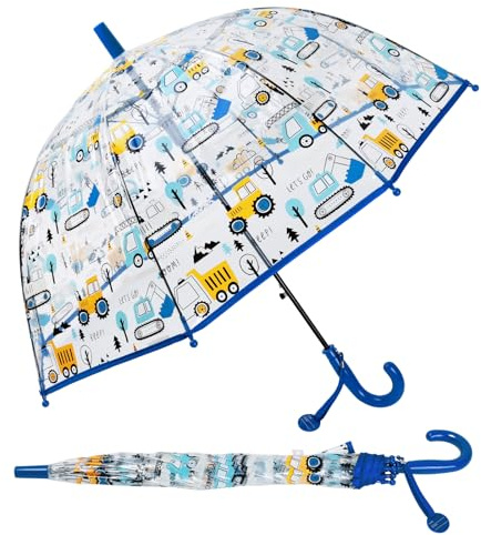 Regenschirm Kinderschirm Stockschirm, Windsicher Robustheit Regen Regenschirm Transparent, Kinderregenschirm Durchsichtig Junge Mädchen, Kuppel-Blasenschirm Durchmesser=70cm Technische Fahrzeuge