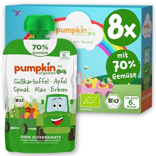 Pumpkin Organics Bio Gemüse-Quetschies 8er Pack Süßkartoffel, Apfel, Spinat, Mais, Erbsen ohne Zuckerzusatz¹ - ab dem 6. Monat - als Snack oder Beikost für unterwegs - glutenfrei (8x100g)