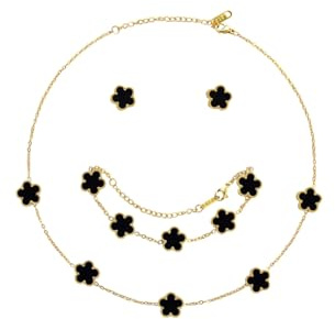 Hanaoops Vierblättriges Kleeblatt Schmuckset für Damen und Mädchen 18 Karat Vergoldet Edelstahl Zweiseitig Anhänger Halskette Ohrstecker Armband Hypoallergenes Glücksklee Emaille-Schmuck Set (Black)