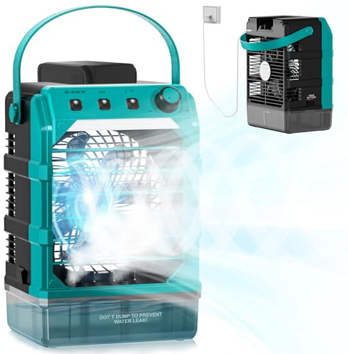 Ventilator mit Wasserkühlung Kompatibel für Makita 18V Akku und USB-betrieben,Luftkühler mobil mit Wasserkühlung,Ventilator mit Luftbefeuchter für Terrasse, Garage Urlaub Sport Büro Garten