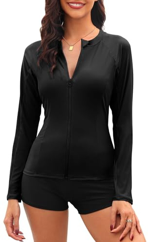 Tuopuda Schwimmshirt Damen Rash Guard Shirt Schnelltrocknend Sonnenschutz Swimsuits Reißverschluss Surf Shirt Schwimmen Bademode Schutzkleidung Beachwear Sommer Tops Oberteil, Schwarz, M