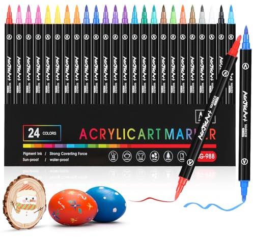 Diboniur 24 Farben Acrylstifte, Filzstifte Set Dual Brush Pen für Erwachsene, Acrylstifte Wasserfest Textilstifte, für Textil, Steine, Holz, Papier, Keramik, DIY