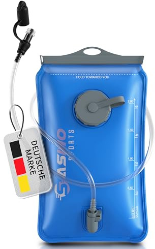 SASMO Sports® Trinkblase 2l mit 2 Öffnungen | materialverstärkte,reißfeste Trinkblase | Trinksystem für Rucksack mit Trinkschlauch, extralang - 100cm | für Wandern & Outdoorsport
