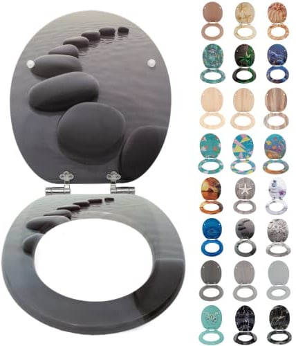 SINOBATH Wc Sitz Mit Absenkautomatik,Viele bunte Motive,Toilettendeckel aus Holz,Stabile QualitäT,Einfache Montage(Black Stones)