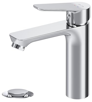 AM.PM Hit - Wasserhahn Bad mit Ablaufgarnitur, Bad Armatur Waschbecken, Waschtischarmatur mit Push-Open Ablauf, Waschbeckenarmatur mit Auslauf Höhe 101 mm, Mischbatterie Waschbecken, Chrom