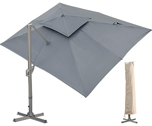 LKINBO Sonnenschirm 300 x 400 cm Rechteckig mit Ständer und Kurbel, Groß Ampelschirm Terrassenschirm 360°Drehbar Parasol Windfest Gartenschirm Wasserdicht Marktschirm für Garten Deck Outdoor, Grau