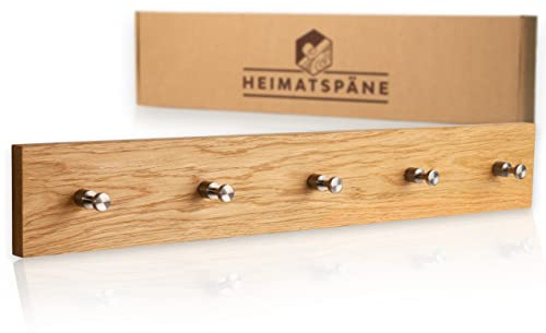 Heimatspäne Garderobenleiste Eiche mit 5 Edelstahlhaken [echtes Eichenholz] - Wandgarderobe als Hakenleiste Holz mit Kleiderhaken - Garderobenleiste Holz