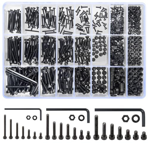 1260 STK M2 M3 M4 Schrauben Set, Zylinderschrauben mit Innensechskant Schrauben Set, Sechskantschrauben und Muttern und Unterlegscheiben Sortiment Set, Schwarz Maschinenschrauben Gewindeschrauben Set