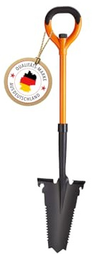 Profi-Partner Spaten mit Wurzelsäge - Spitze aus Karbonstahl mit scharfen Zähnen, Griff aus Fieberglas, Integrierter Maulschlüssel & Flaschenöffner, 114 cm, Zerlegbar, Orange und Schwarz