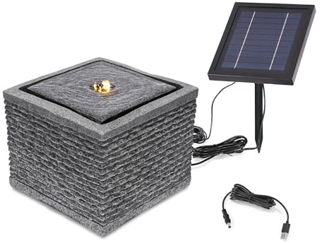 esotec Solarbrunnen Gartenbrunnen Wasserspiel Designbrunnen Akku LED 101372 | Solar Designbrunnen Silent mit Pumpe, 3Wp Modul, Li-Ion Akku, USB-Ladung, Timer, LED warmweiß, Polyresin Steinoptik, H16cm