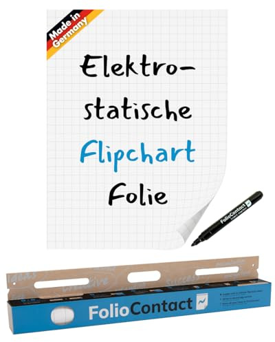 Folio Contact Flipchart Folie kariert – statisch haftend ohne Kleber, repositionierbar, wiederbeschreibbar & trocken abwischbar – 25 Blatt 60 × 80 cm inkl. Boardmarker für Büro & Präsentation