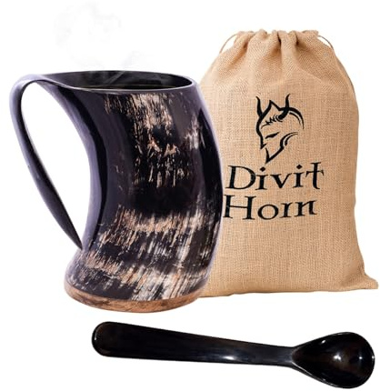 Divit Authentisches Wikingerhorn Bierkrug | Authentisches mittelalterliches Biertrinkhorn | Leinen-Geschenkbeutel inklusive | 700 ml (24 oz) Fassungsvermögen