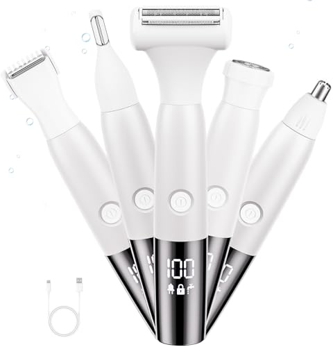 Rasierer Damen Intimbereich - 5 in 1 Elektrischer Rasierer für Frauen - Trimmer Damen, IPX7 Wasserdicht Intimrasierer für Frauen für Körper, Achseln, Bikini, Augenbrauen und Nase, Nass und Trocken