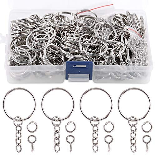 Swpeet Schlüsselanhänger-Ringe-Set silberne 450 Stück 25 mm, inklusive 150 Schlüsselanhängerringe mit Kette und Biegeringe Schraubösen – Kunststoffbox oder Kartonschachtel, zufällige Lieferung.