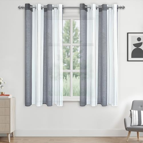 MRTREES Voile Gardinen Kurz Vorhang Halbtransparent Streifen Stores Schals mit Ösenschal Moderner Wohnstil Weiß+Grau 160×140cm (H×B) für Dekoration Kinderzimmer Wohnzimmer Schlafzimmer 2er-Set