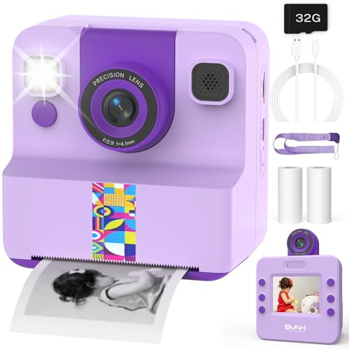 SYLVANTHOS Kinder Sofortbildkamera, Sofortdruck Kamera für Kinder, 180° drehbares Selfie Objektiv mit 32GB SD-Karte – Geschenk für Jungen & Mädchen (3–12 Jahre), Lila