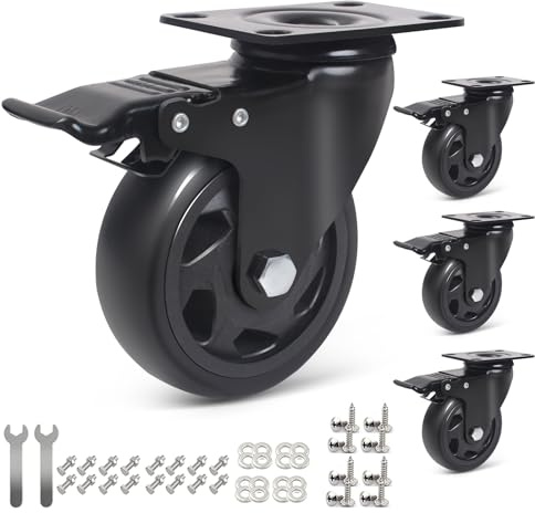RRIUTO 100mm Lenkrollen mit Bremse, 4er-Set Schwerlastrollen Möbelrollen Tragkraft 600KG, 360-Grad Transportrollen Polyurethan Rollen für Möbel, Trolley, Tisch (mit Schrauben)