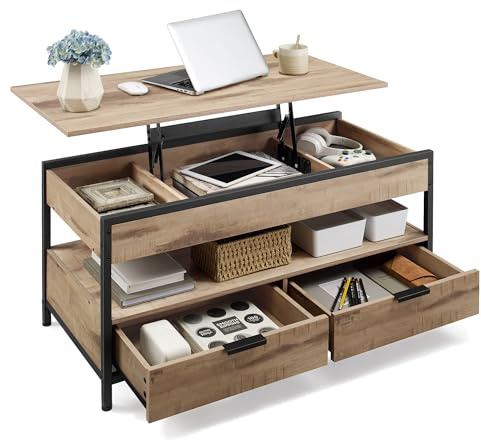 VASAGLE Couchtisch, höhenverstellbarer Wohnzimmertisch, Kaffeetisch, mit Schubladen, offenes Fach, 50 x 100 cm, Kamelbraun-tintenschwarz LCT209K02
