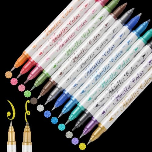 XULIERUX 12-Teiliges Metallic-Marker-Set, Doppelspitzen-Metallic-Acryl-Marker, Geeignet Für Alben, DIY, Handlettering, Dekorieren Von Gästebüchern, Schwarzem Papier, Steinen, Glas, Osterhandwerk