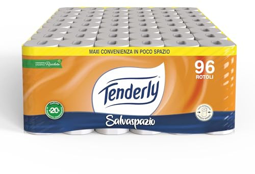 Tenderly Platzsparend, 90 - Rollen Toilettenpapier, 2-lagig, 220 Abrisse pro Rolle, mit natürlichen Malven- und Ringelblumenextrakten, hergestellt in Italien, dermatologisch getestet.
