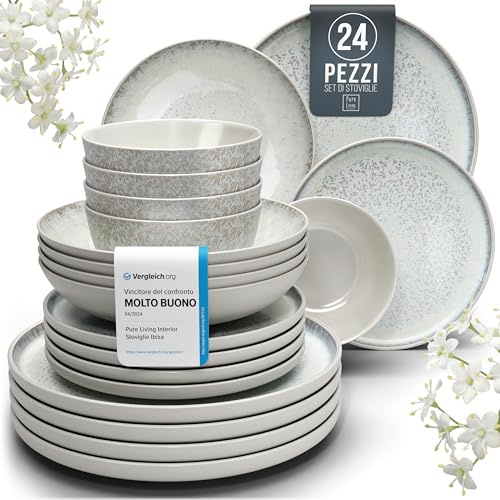 Steingut Geschirrset 6 Personen Ibiza 24 tlg. TESTSIEGER, Traumhaftes Mediterranes Steingut Geschirr Set, Schüssel- und Teller Set, Tafelservice 6 Personen, Geschirrsets Pure Living in Beige