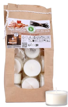 Wenzel Teelichter Duftkerze – 18 Duftteelichter Vanilla Caramel Duft - 7 h Brenndauer - 100% Naturwachs, Palmölfrei, Ohne Alu – Raumduft & Deko-Kerzen für Zuhause, Bar, Restaurant, Outdoor, Events