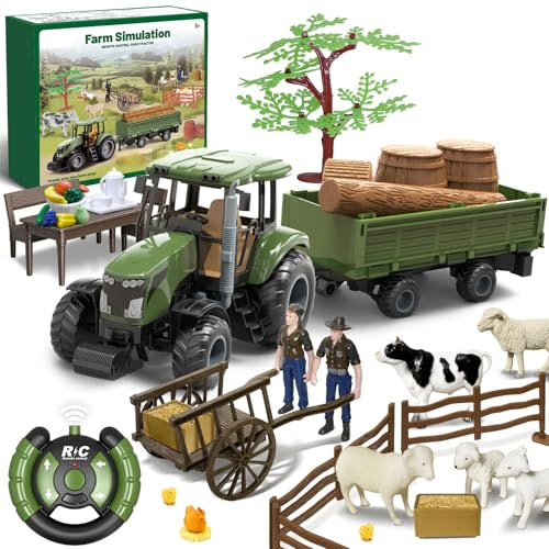 RC Ferngesteuerter Traktor mit Anhänger, Bauernhof Spielzeug Set mit Tieren & Figuren,2.4GHz Steuerung und 2 Akkus,Traktor Spielzeug für Kinder ab 3 Jahren, Lustiges Festtags- oder Geburtstagsgeschenk