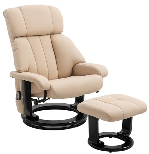 HOMCOM Relaxsessel mit Hocker, drehbarer Fernsehsessel mit Massagefunktion, Liegefunktion, Massagesessel mit Fernbedienung, Seitentasche, Ruhesessel aus Kunstleder für Wohnzimmer Cremeweiß