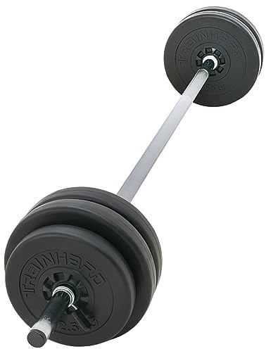 Langhantelset aus 1,6 m Hantelstange mit 25 kg Gewichten (2 x 2,5 kg, 4 x 5 kg) und Verschlüsse