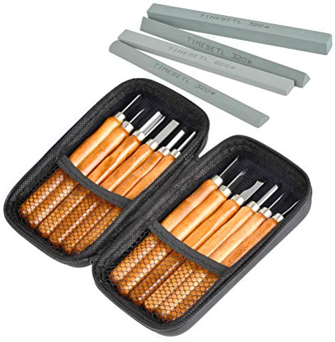 TIMESETL 12Stück Holz Schnitzmesser und Werkzeug für Profis und Anfänger DIY Holz Craft, 4 Schleifsteine, Tragbare Tasche